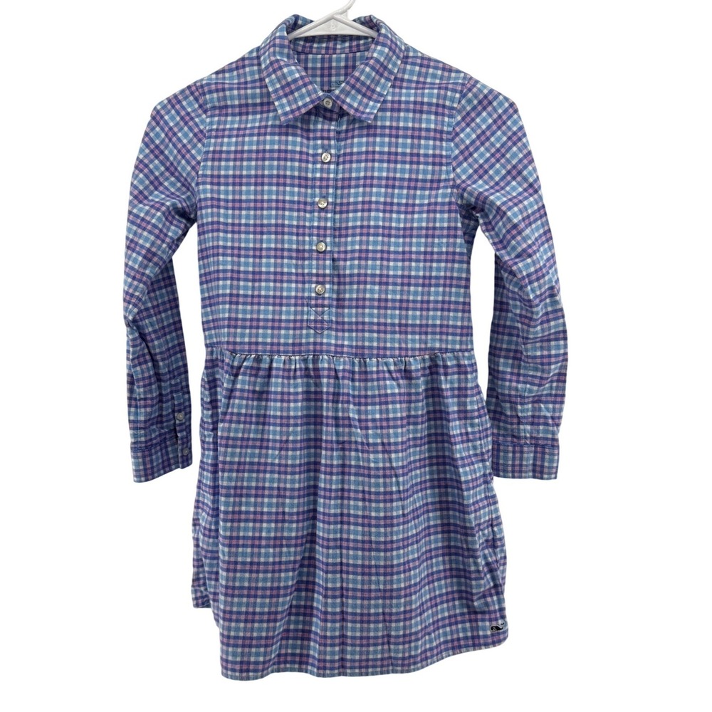 Vineyard Vines Girls Size 10 Plaid Flannel Shirt Dress Blue Pink Purple 7Q0712